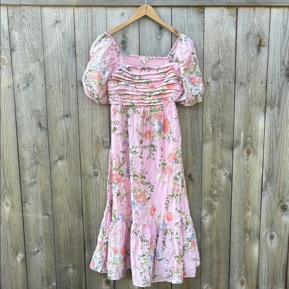 By The River Floral Pink Puff Midi Sleeve Dress - Picture 2 of 15